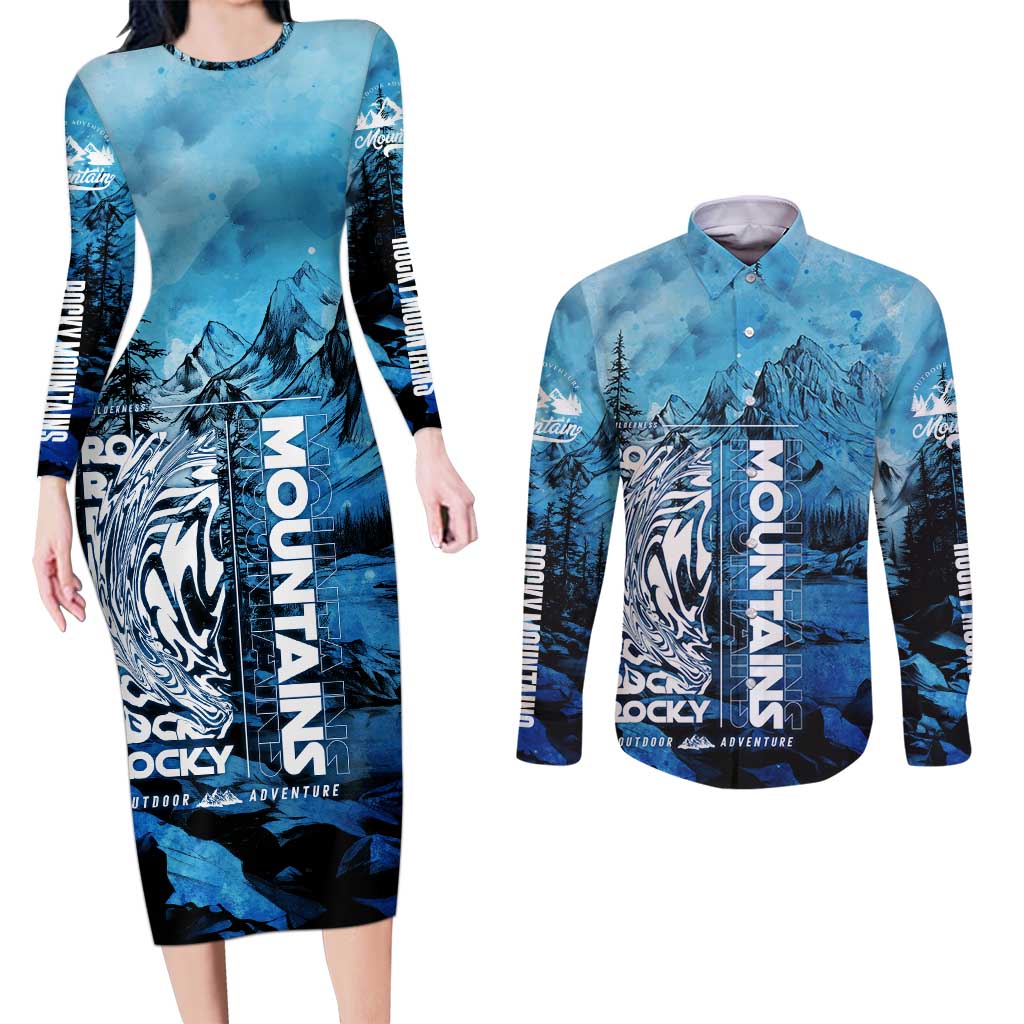 Rocky Mountains Couples Matching Long Sleeve Bodycon Dress and Long Sleeve Button Shirt Outdoor Adventure