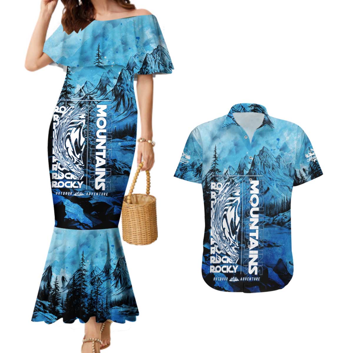 Rocky Mountains Couples Matching Mermaid Dress and Hawaiian Shirt Outdoor Adventure