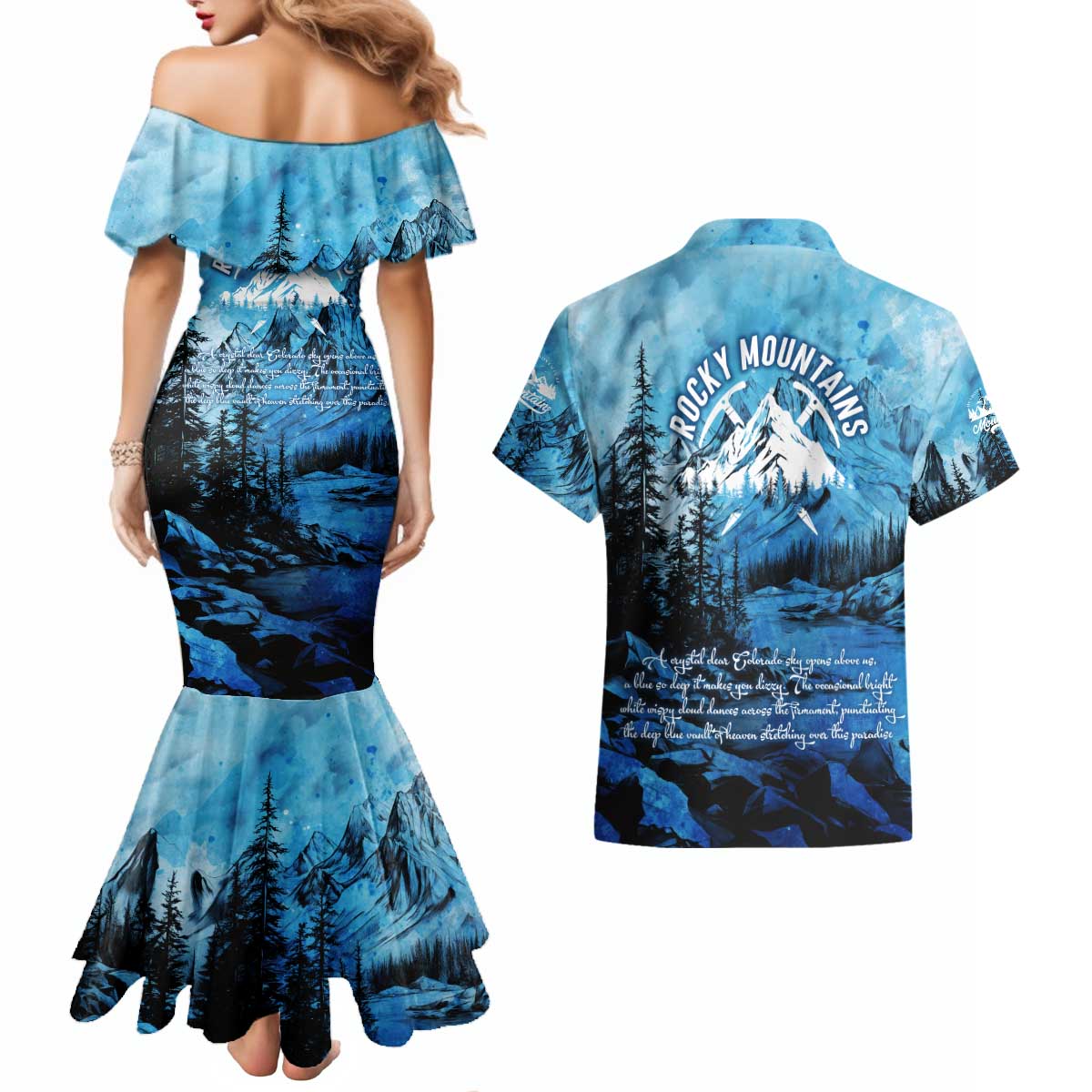 Rocky Mountains Couples Matching Mermaid Dress and Hawaiian Shirt Outdoor Adventure