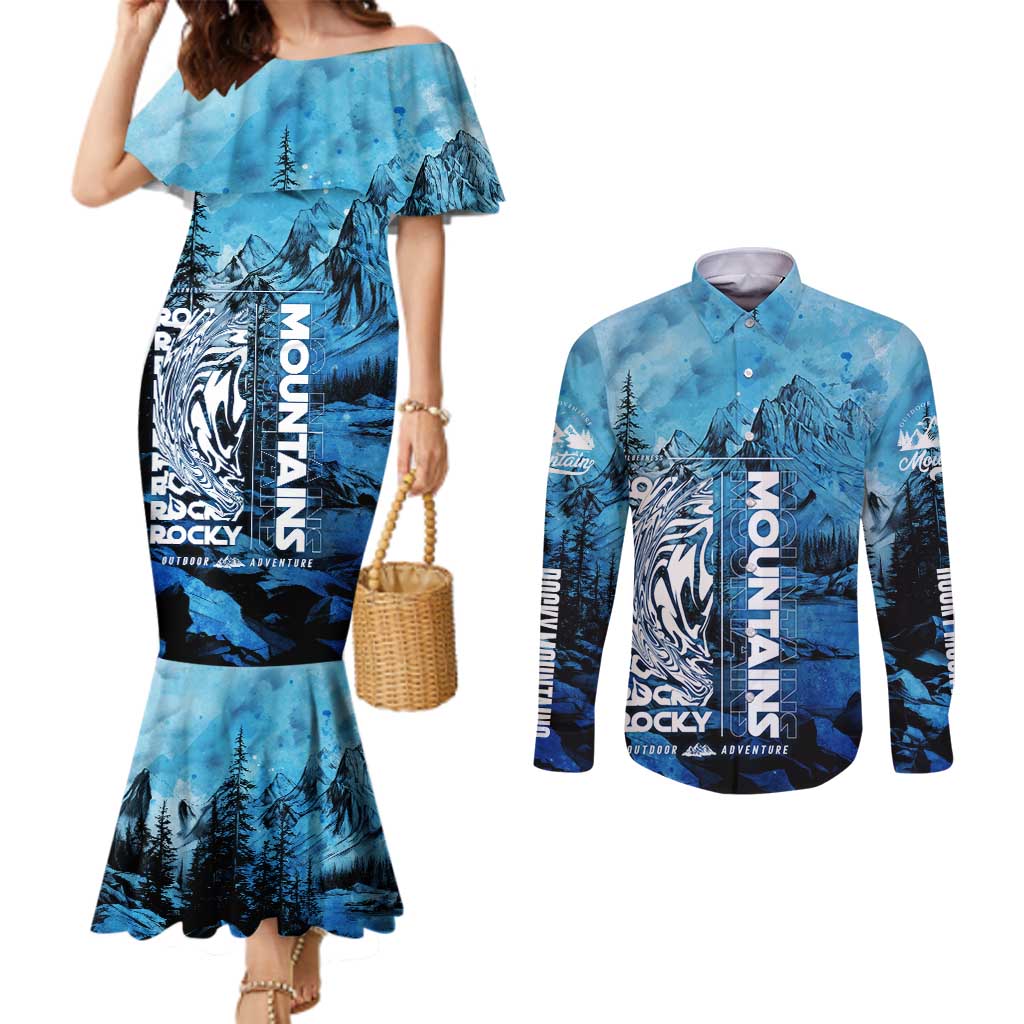 Rocky Mountains Couples Matching Mermaid Dress and Long Sleeve Button Shirt Outdoor Adventure