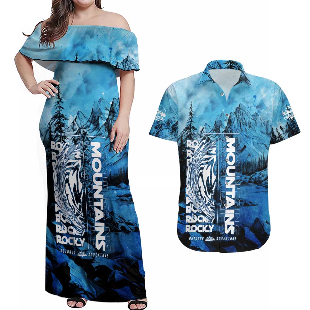 Rocky Mountains Couples Matching Off Shoulder Maxi Dress and Hawaiian Shirt Outdoor Adventure