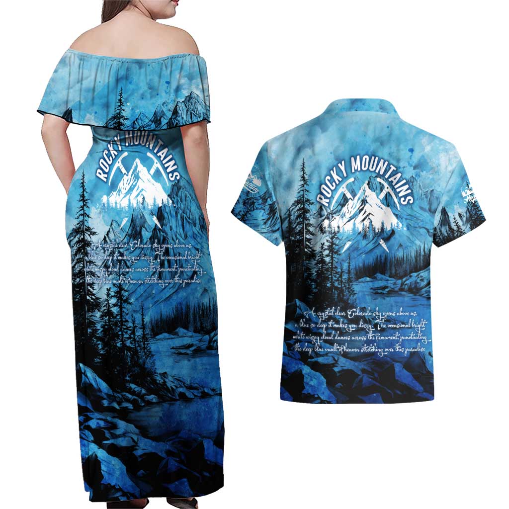 Rocky Mountains Couples Matching Off Shoulder Maxi Dress and Hawaiian Shirt Outdoor Adventure