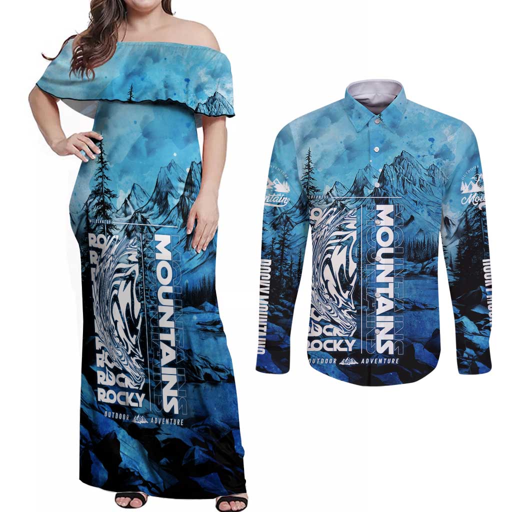 Rocky Mountains Couples Matching Off Shoulder Maxi Dress and Long Sleeve Button Shirt Outdoor Adventure