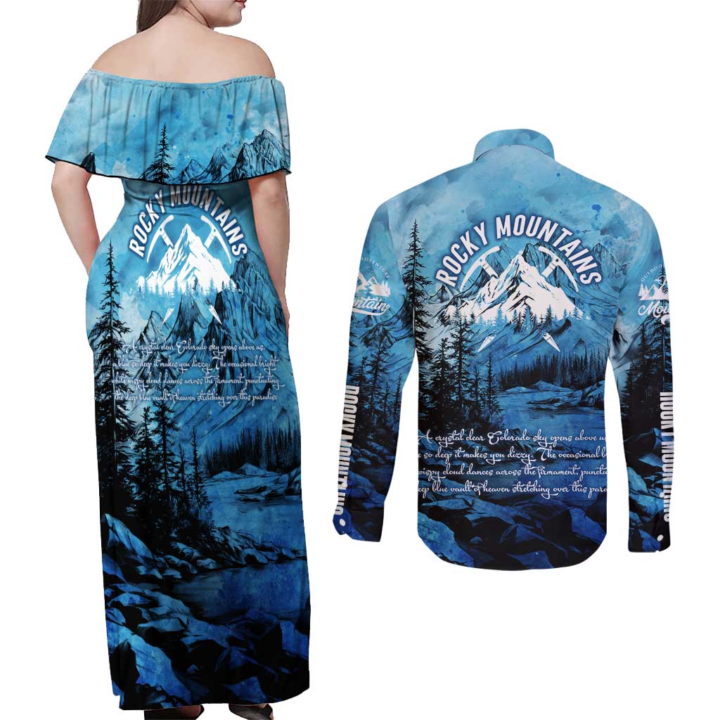 Rocky Mountains Couples Matching Off Shoulder Maxi Dress and Long Sleeve Button Shirt Outdoor Adventure