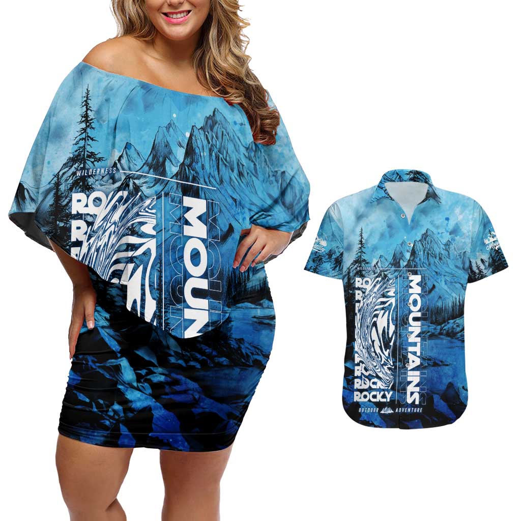 Rocky Mountains Couples Matching Off Shoulder Short Dress and Hawaiian Shirt Outdoor Adventure