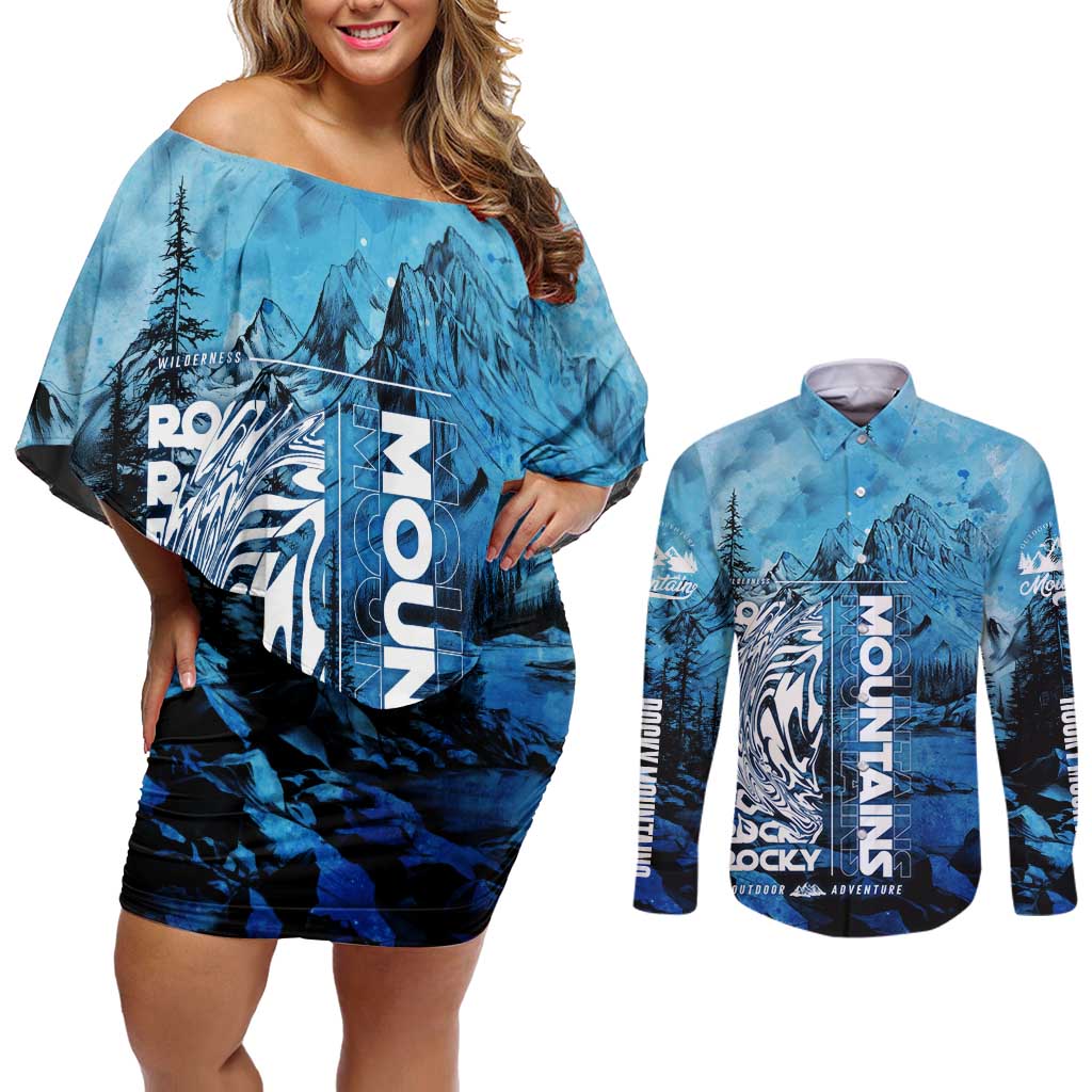 Rocky Mountains Couples Matching Off Shoulder Short Dress and Long Sleeve Button Shirt Outdoor Adventure