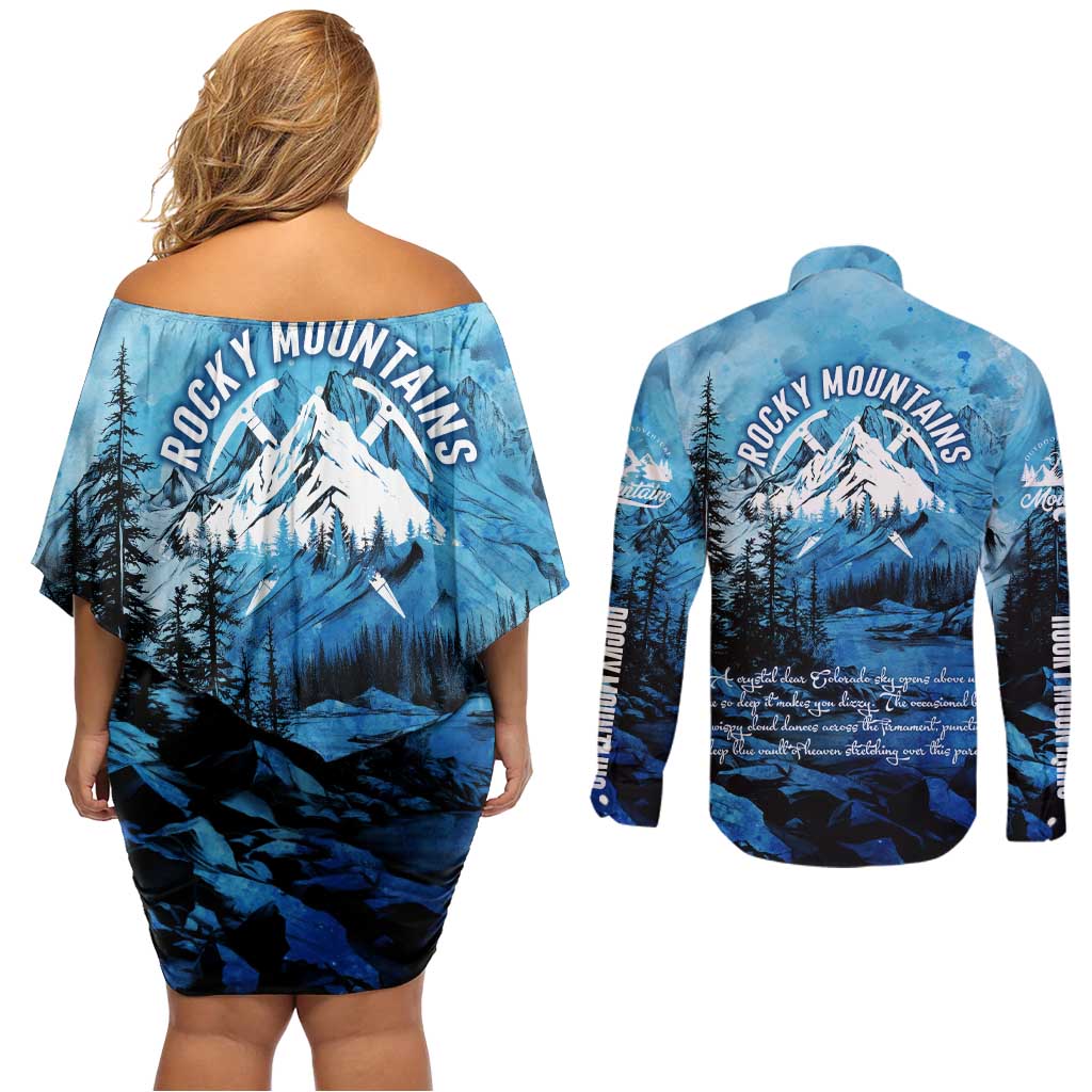 Rocky Mountains Couples Matching Off Shoulder Short Dress and Long Sleeve Button Shirt Outdoor Adventure