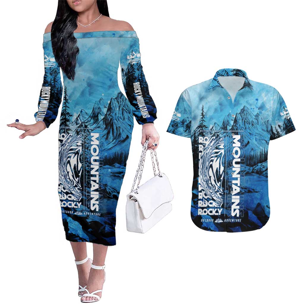 Rocky Mountains Couples Matching Off The Shoulder Long Sleeve Dress and Hawaiian Shirt Outdoor Adventure
