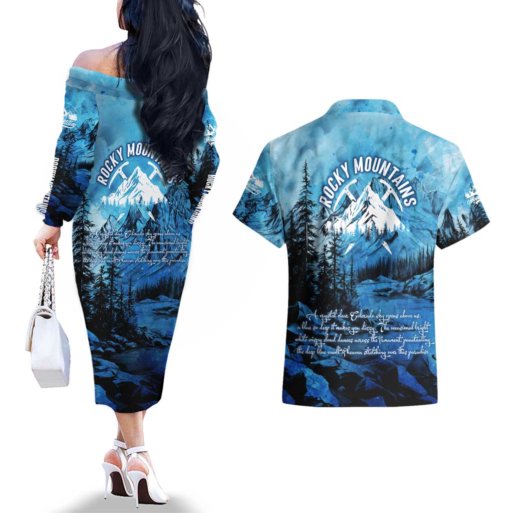 Rocky Mountains Couples Matching Off The Shoulder Long Sleeve Dress and Hawaiian Shirt Outdoor Adventure