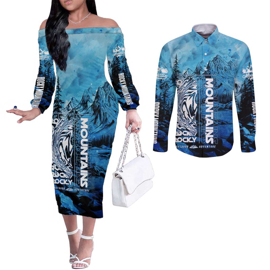 Rocky Mountains Couples Matching Off The Shoulder Long Sleeve Dress and Long Sleeve Button Shirt Outdoor Adventure