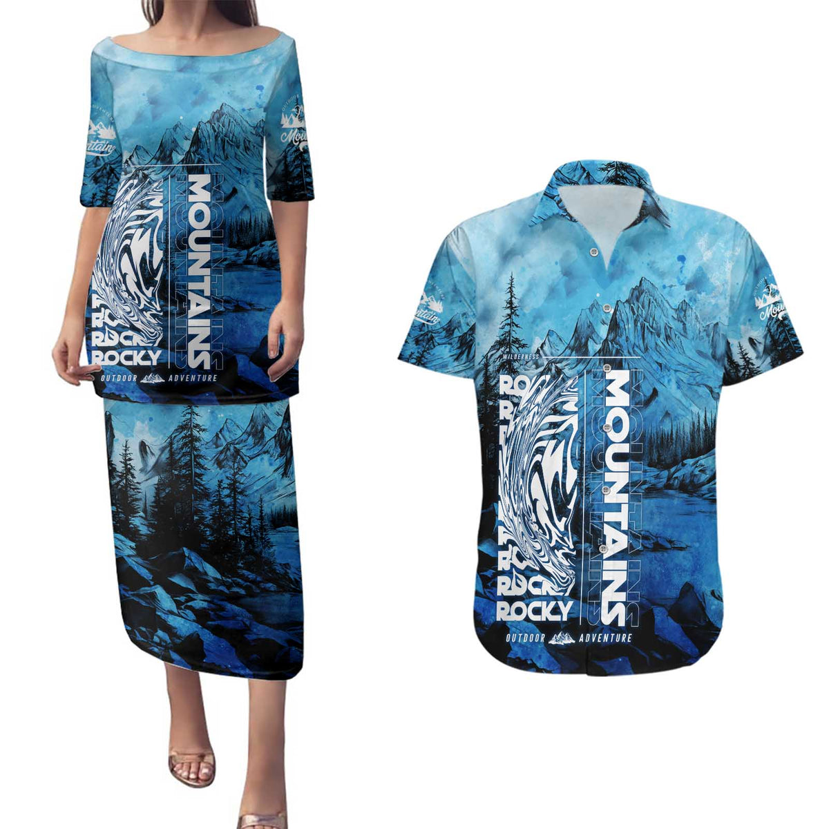 Rocky Mountains Couples Matching Puletasi and Hawaiian Shirt Outdoor Adventure