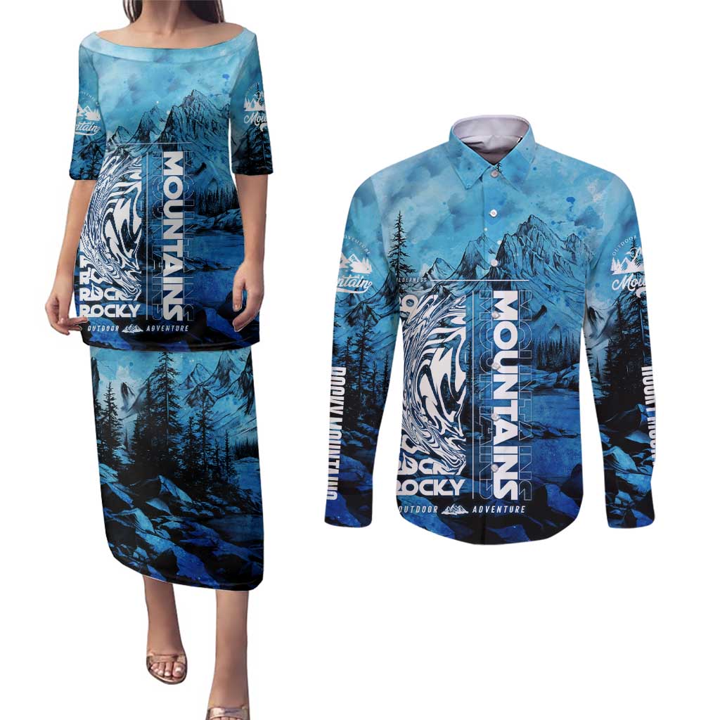 Rocky Mountains Couples Matching Puletasi and Long Sleeve Button Shirt Outdoor Adventure