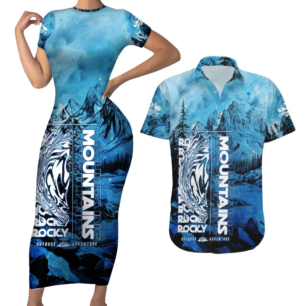 Rocky Mountains Couples Matching Short Sleeve Bodycon Dress and Hawaiian Shirt Outdoor Adventure