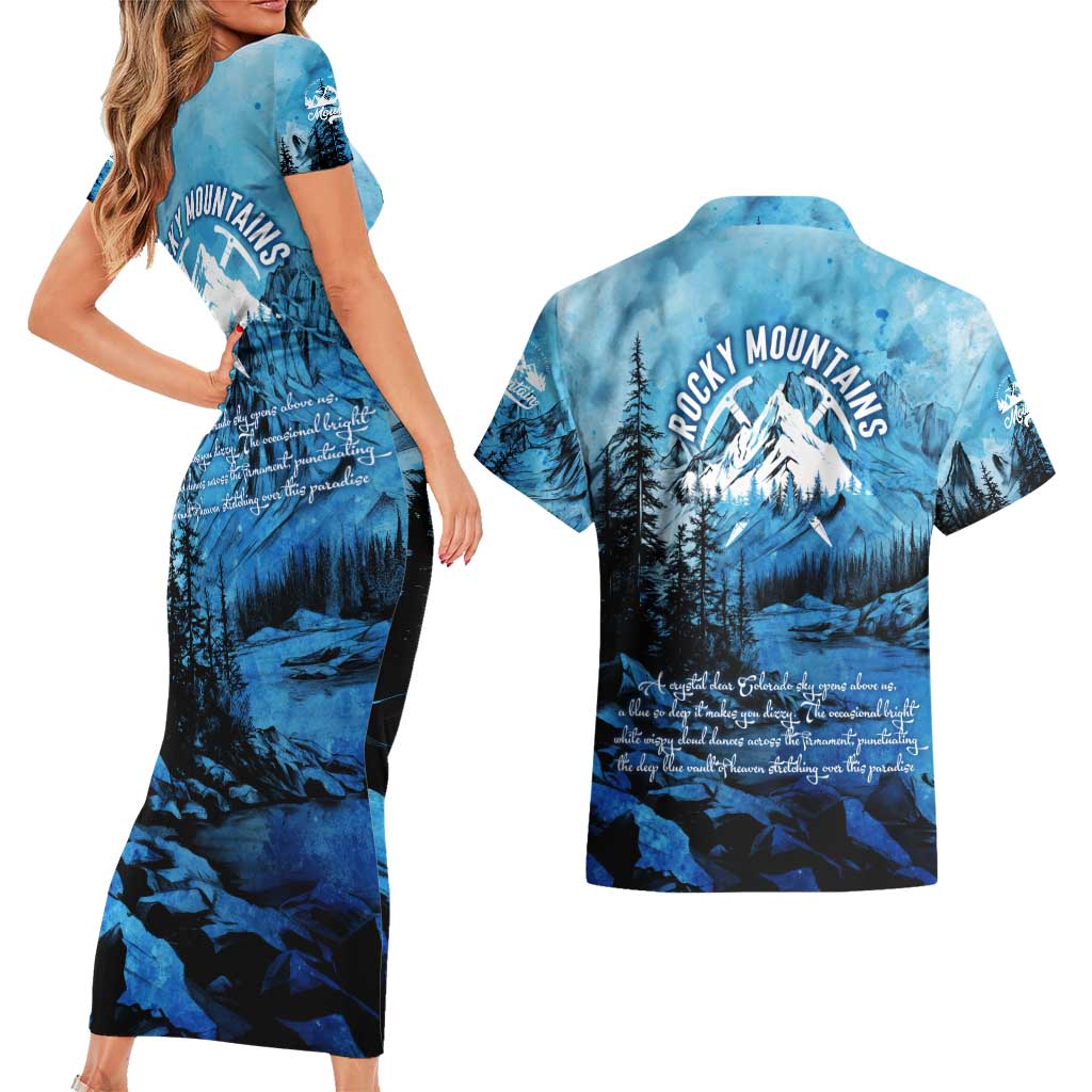 Rocky Mountains Couples Matching Short Sleeve Bodycon Dress and Hawaiian Shirt Outdoor Adventure