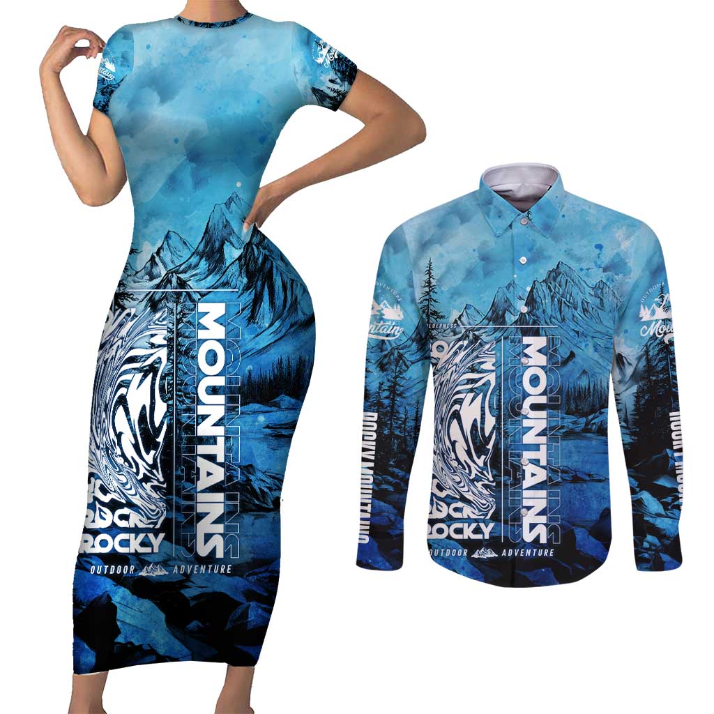 Rocky Mountains Couples Matching Short Sleeve Bodycon Dress and Long Sleeve Button Shirt Outdoor Adventure