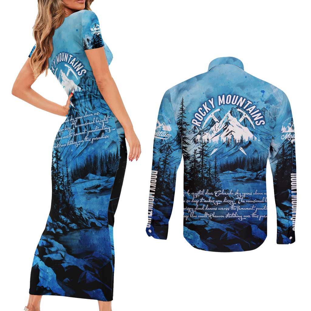 Rocky Mountains Couples Matching Short Sleeve Bodycon Dress and Long Sleeve Button Shirt Outdoor Adventure