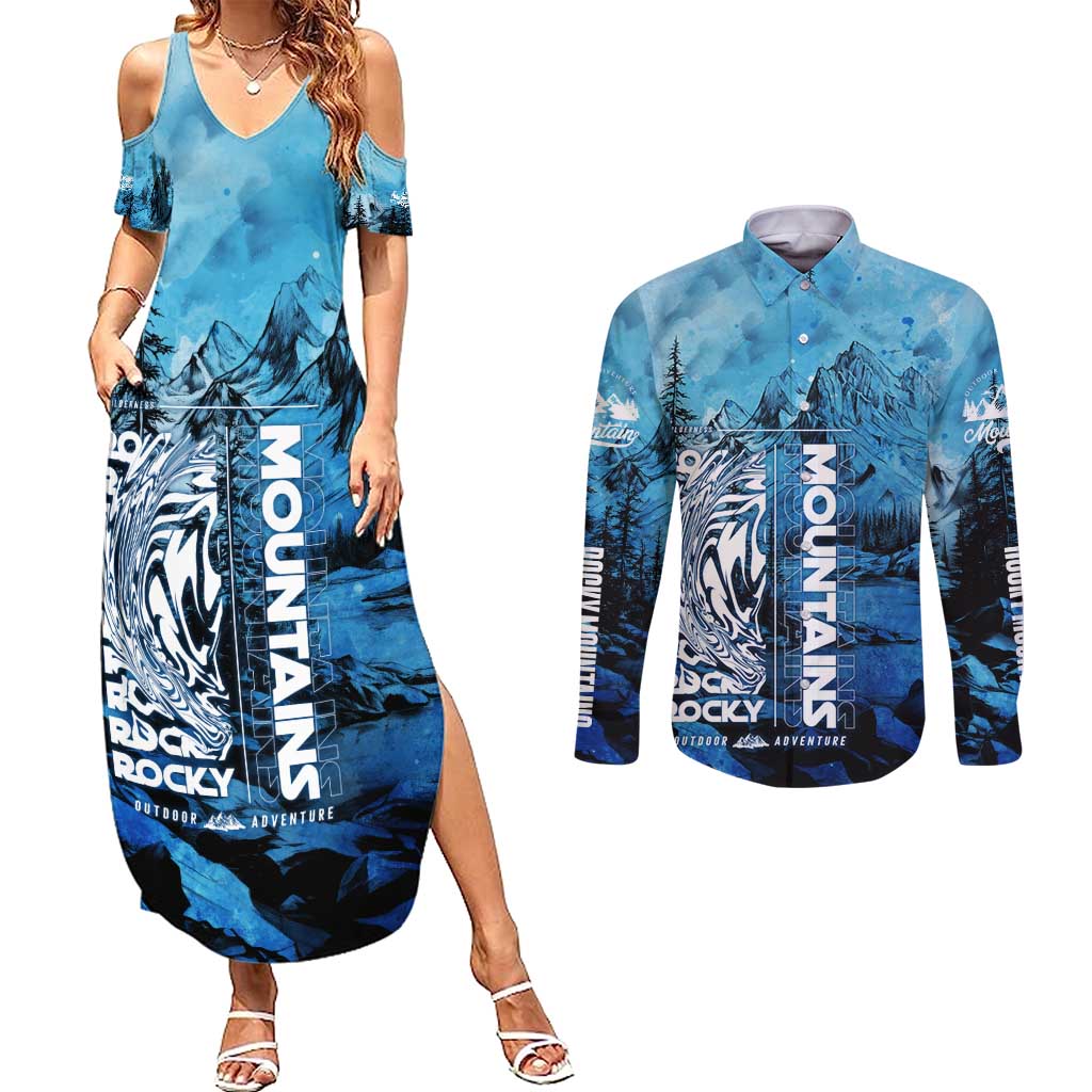 Rocky Mountains Couples Matching Summer Maxi Dress and Long Sleeve Button Shirt Outdoor Adventure