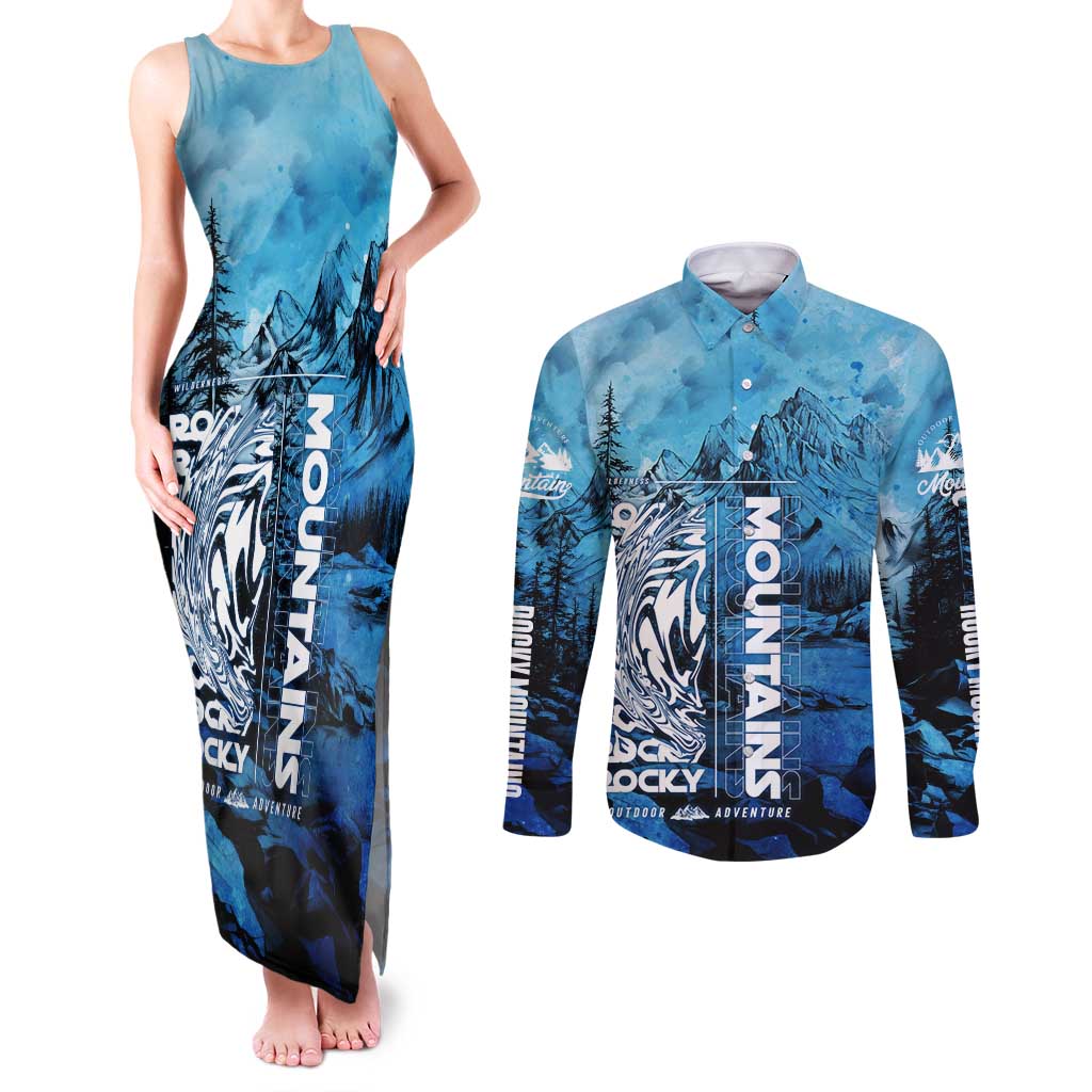 Rocky Mountains Couples Matching Tank Maxi Dress and Long Sleeve Button Shirt Outdoor Adventure