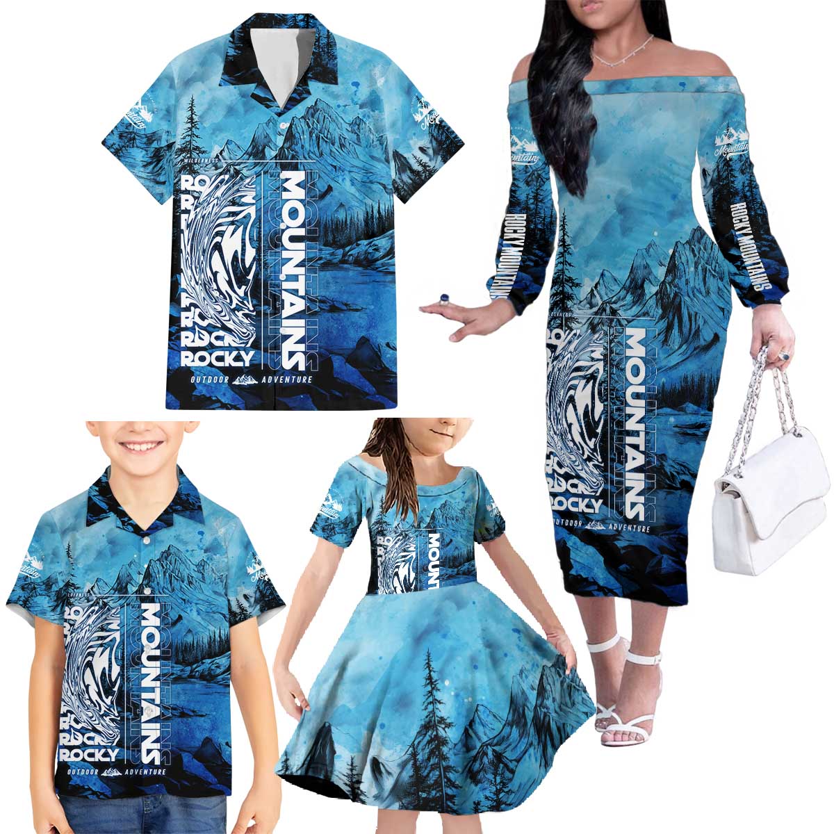 Rocky Mountains Family Matching Off The Shoulder Long Sleeve Dress and Hawaiian Shirt Outdoor Adventure