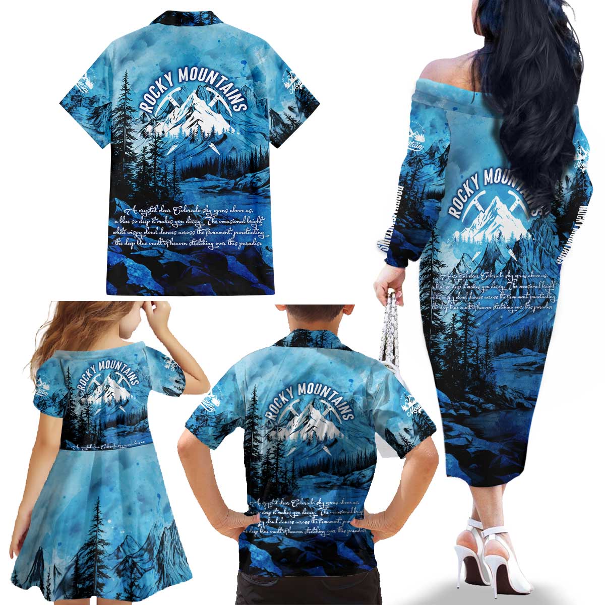 Rocky Mountains Family Matching Off The Shoulder Long Sleeve Dress and Hawaiian Shirt Outdoor Adventure
