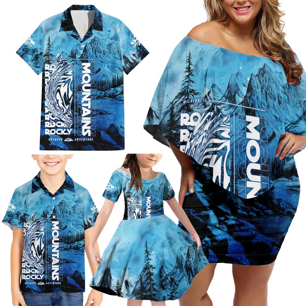 Rocky Mountains Family Matching Off Shoulder Short Dress and Hawaiian Shirt Outdoor Adventure