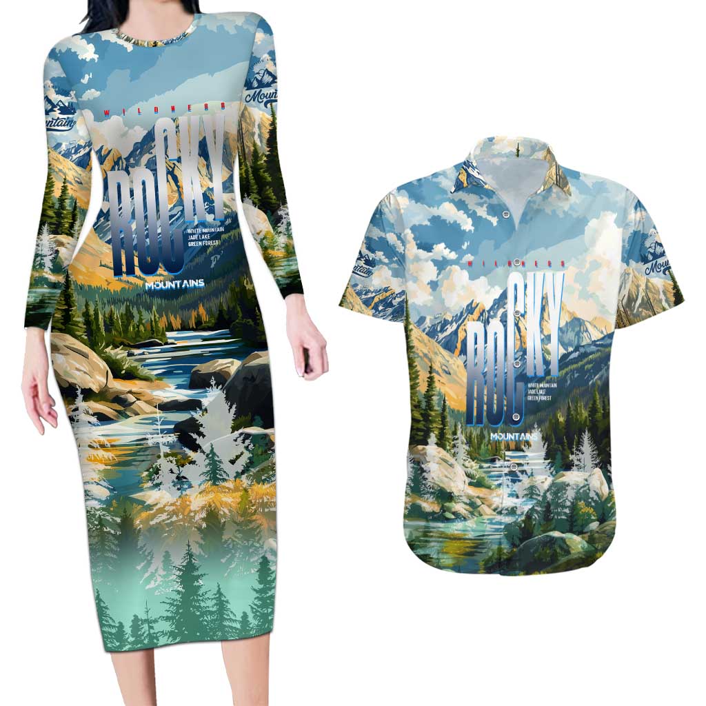Wilderness of Rocky Mountains Couples Matching Long Sleeve Bodycon Dress and Hawaiian Shirt