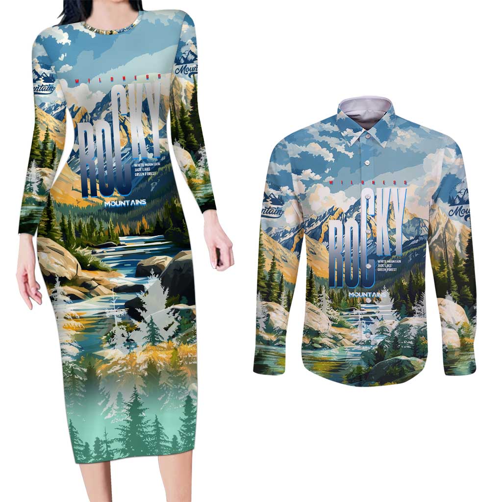 Wilderness of Rocky Mountains Couples Matching Long Sleeve Bodycon Dress and Long Sleeve Button Shirt
