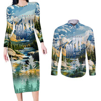 Wilderness of Rocky Mountains Couples Matching Long Sleeve Bodycon Dress and Long Sleeve Button Shirt
