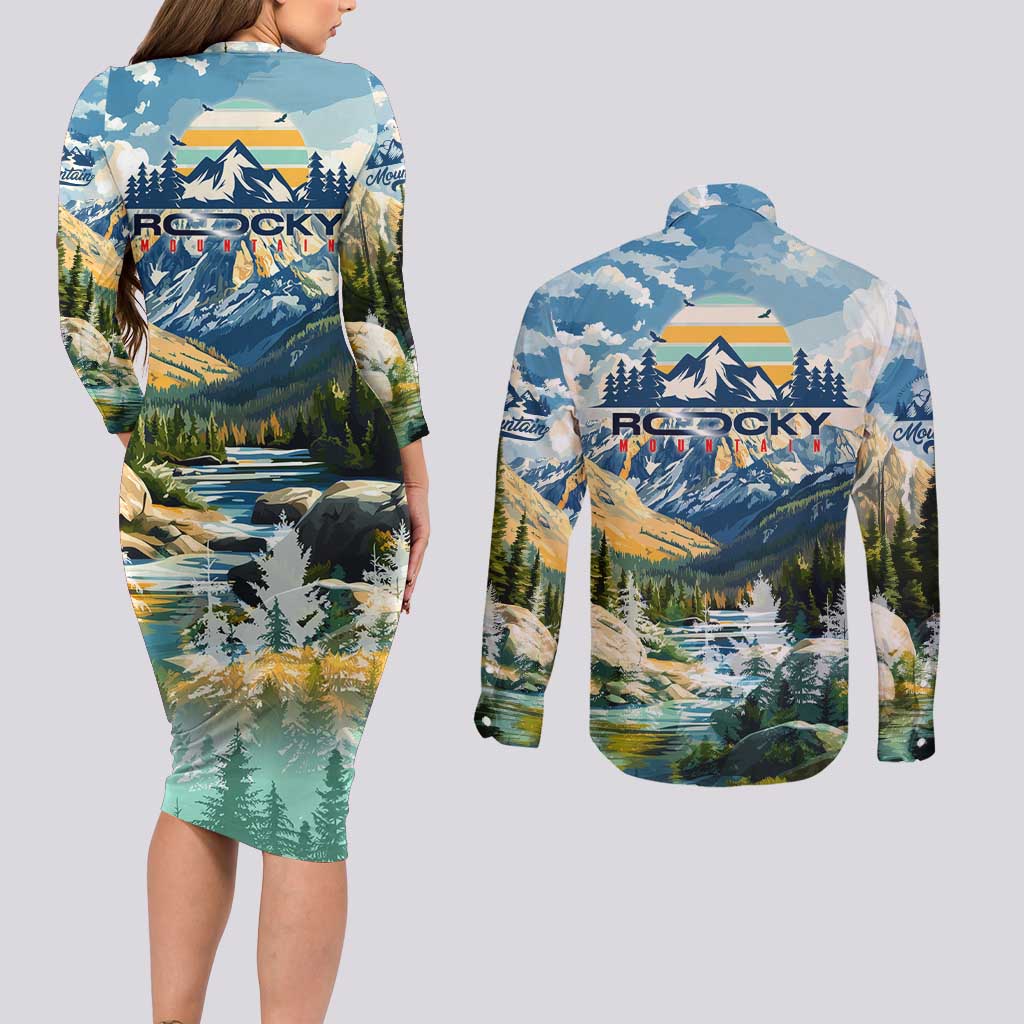 Wilderness of Rocky Mountains Couples Matching Long Sleeve Bodycon Dress and Long Sleeve Button Shirt