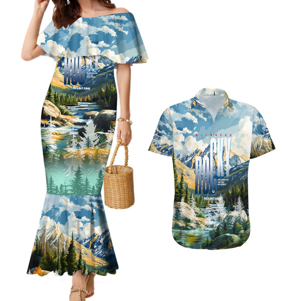 Wilderness of Rocky Mountains Couples Matching Mermaid Dress and Hawaiian Shirt