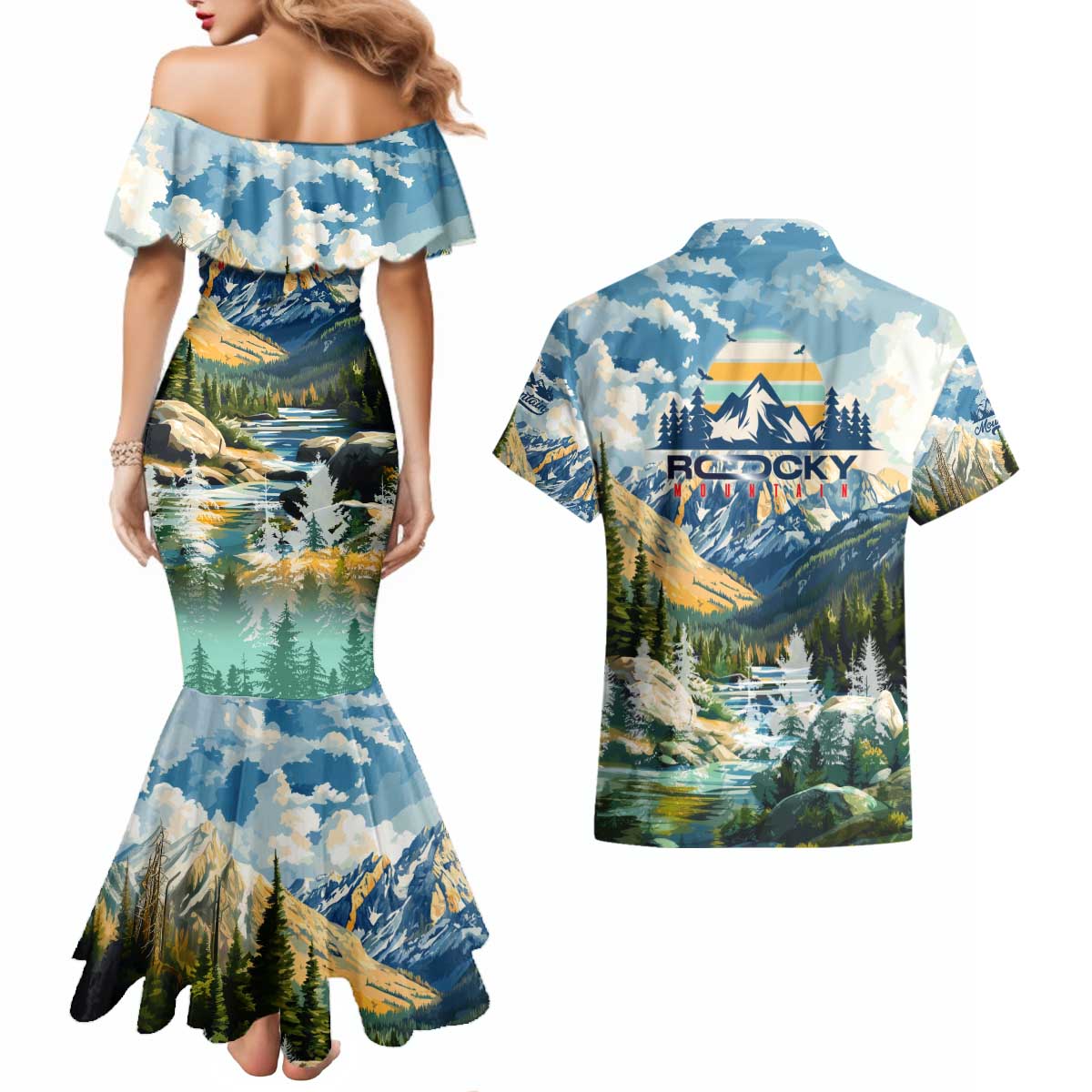 Wilderness of Rocky Mountains Couples Matching Mermaid Dress and Hawaiian Shirt