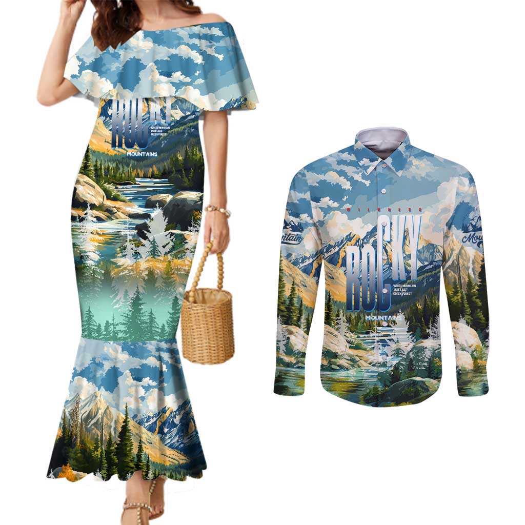 Wilderness of Rocky Mountains Couples Matching Mermaid Dress and Long Sleeve Button Shirt