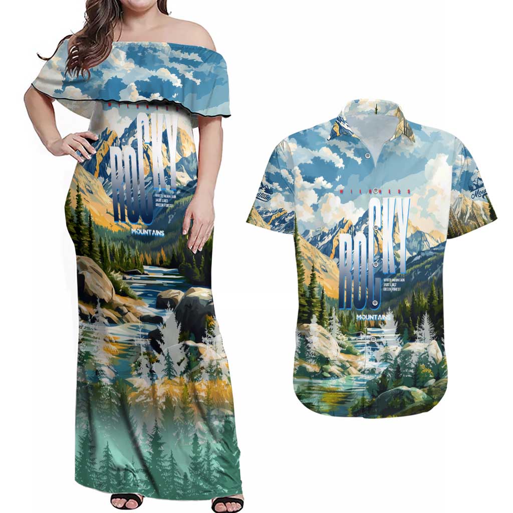 Wilderness of Rocky Mountains Couples Matching Off Shoulder Maxi Dress and Hawaiian Shirt