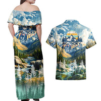 Wilderness of Rocky Mountains Couples Matching Off Shoulder Maxi Dress and Hawaiian Shirt