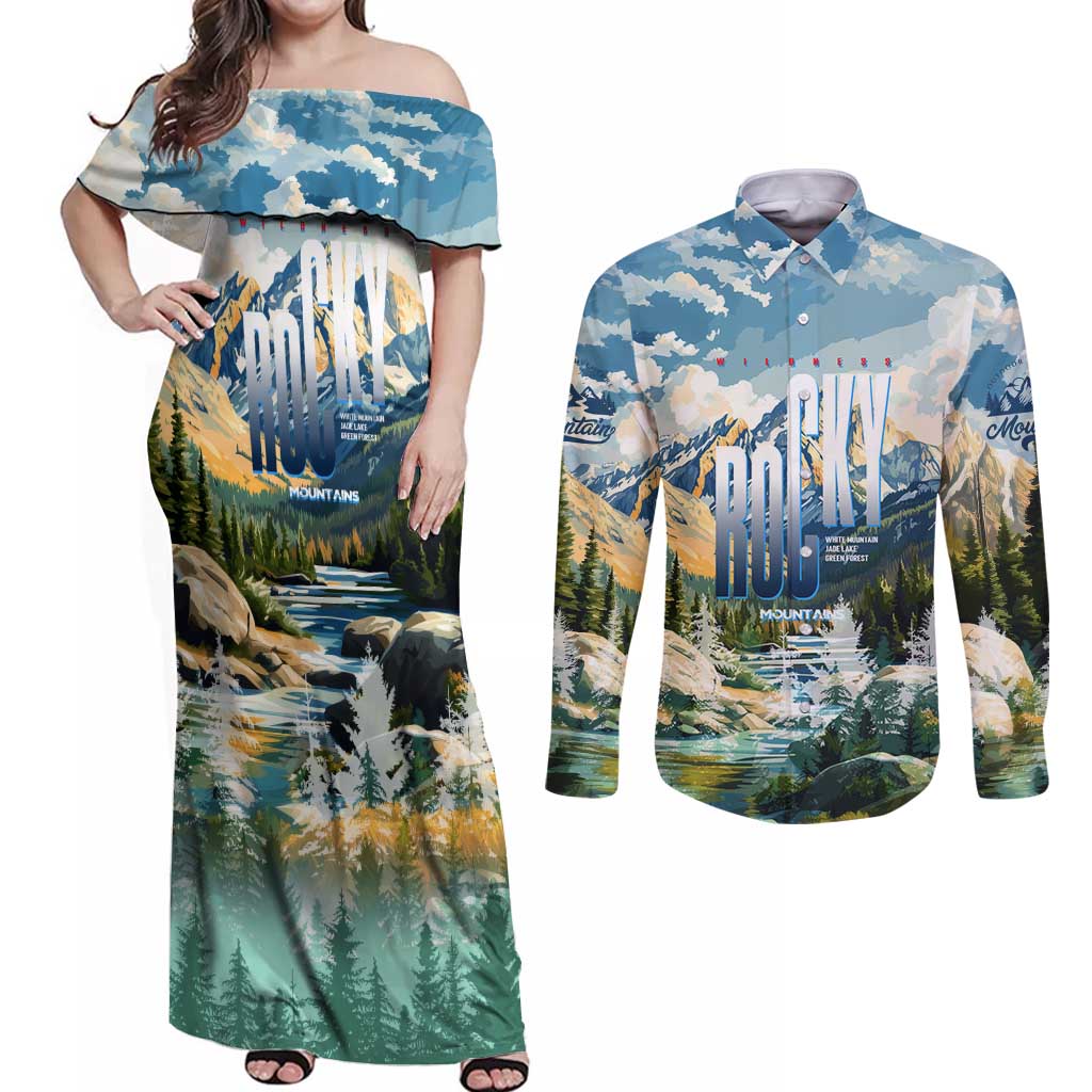 Wilderness of Rocky Mountains Couples Matching Off Shoulder Maxi Dress and Long Sleeve Button Shirt