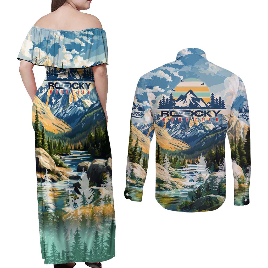Wilderness of Rocky Mountains Couples Matching Off Shoulder Maxi Dress and Long Sleeve Button Shirt