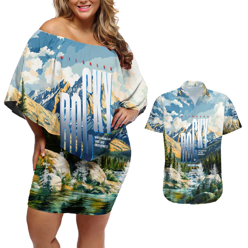 Wilderness of Rocky Mountains Couples Matching Off Shoulder Short Dress and Hawaiian Shirt