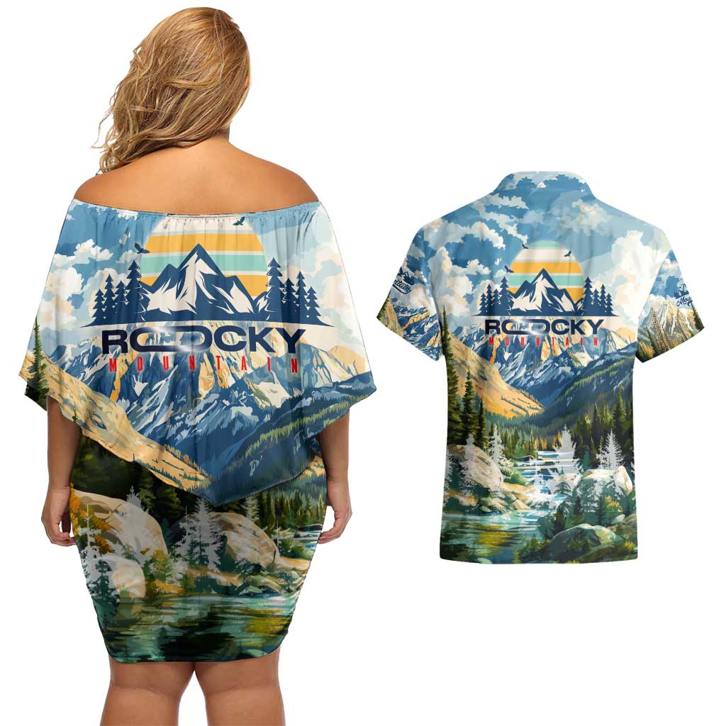Wilderness of Rocky Mountains Couples Matching Off Shoulder Short Dress and Hawaiian Shirt