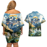 Wilderness of Rocky Mountains Couples Matching Off Shoulder Short Dress and Hawaiian Shirt