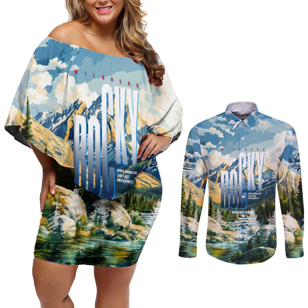 Wilderness of Rocky Mountains Couples Matching Off Shoulder Short Dress and Long Sleeve Button Shirt