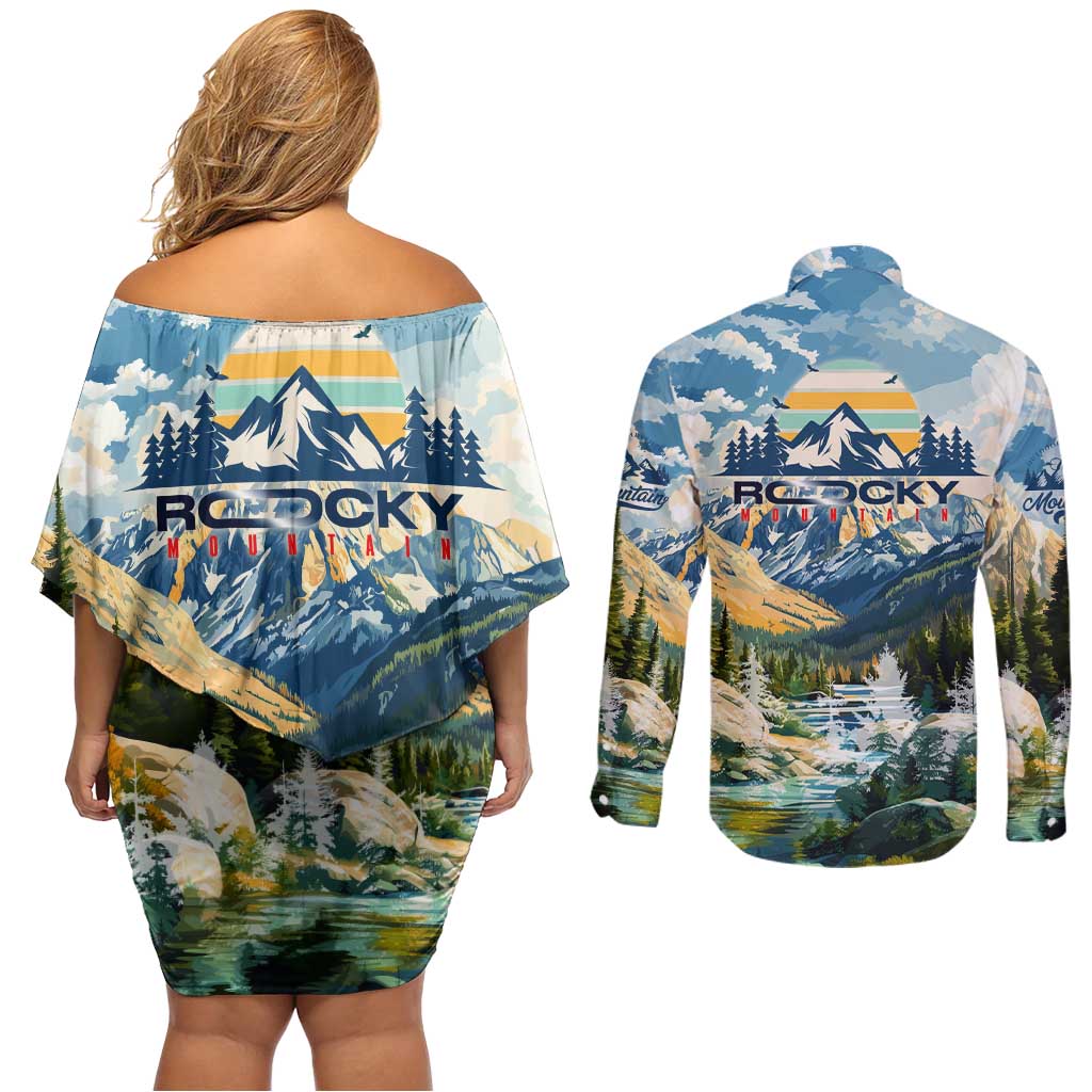 Wilderness of Rocky Mountains Couples Matching Off Shoulder Short Dress and Long Sleeve Button Shirt