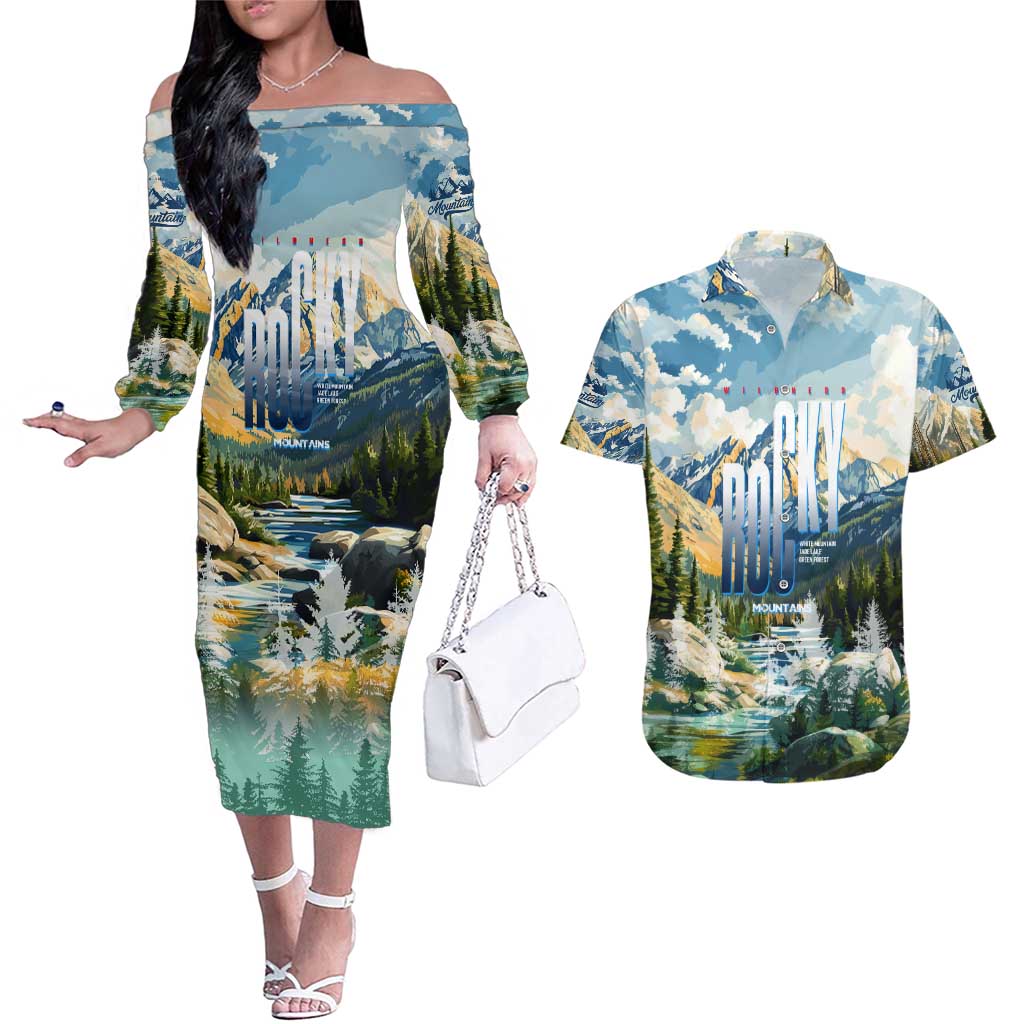 Wilderness of Rocky Mountains Couples Matching Off The Shoulder Long Sleeve Dress and Hawaiian Shirt