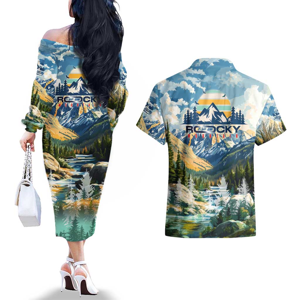 Wilderness of Rocky Mountains Couples Matching Off The Shoulder Long Sleeve Dress and Hawaiian Shirt