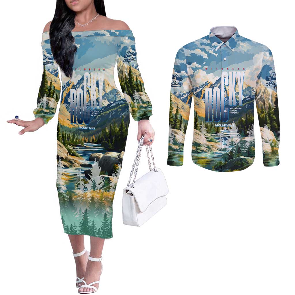 Wilderness of Rocky Mountains Couples Matching Off The Shoulder Long Sleeve Dress and Long Sleeve Button Shirt