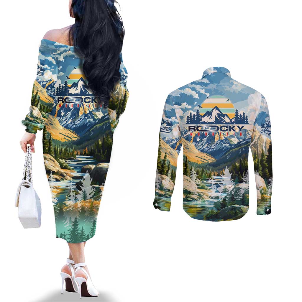 Wilderness of Rocky Mountains Couples Matching Off The Shoulder Long Sleeve Dress and Long Sleeve Button Shirt