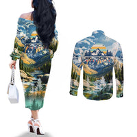 Wilderness of Rocky Mountains Couples Matching Off The Shoulder Long Sleeve Dress and Long Sleeve Button Shirt