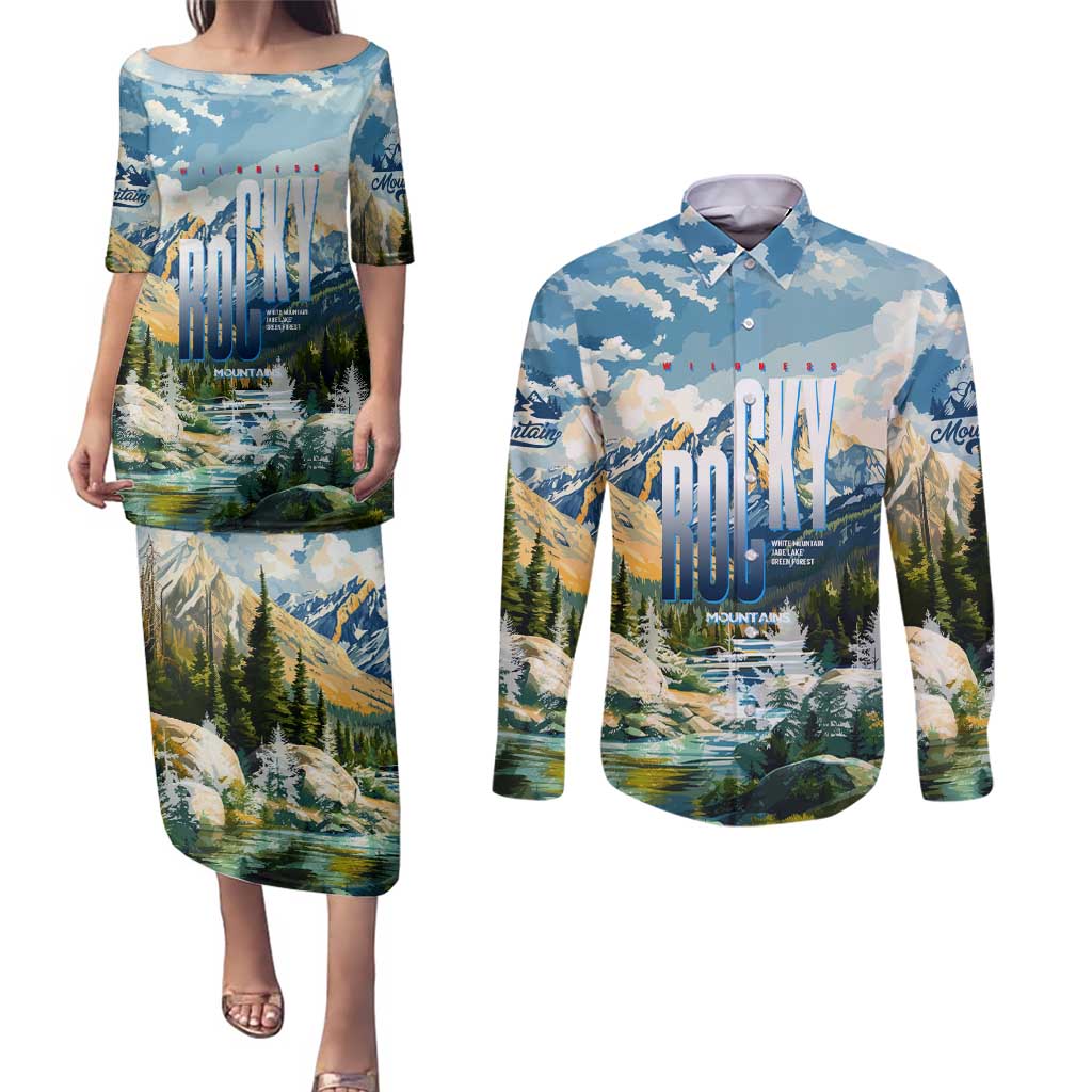 Wilderness of Rocky Mountains Couples Matching Puletasi and Long Sleeve Button Shirt