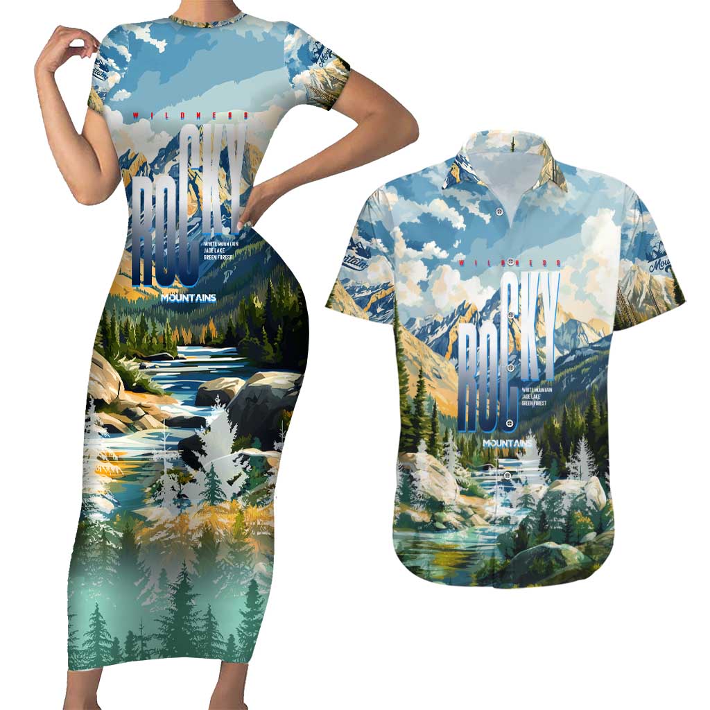Wilderness of Rocky Mountains Couples Matching Short Sleeve Bodycon Dress and Hawaiian Shirt