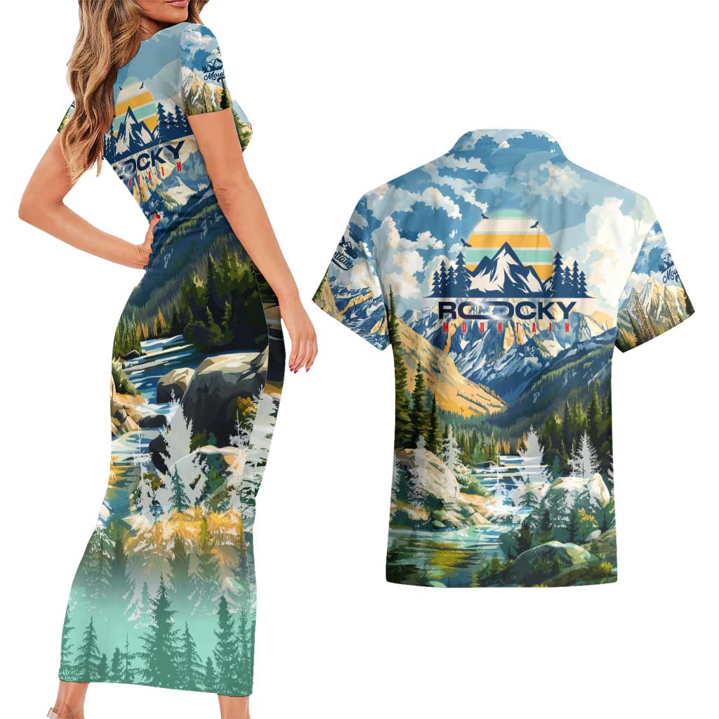 Wilderness of Rocky Mountains Couples Matching Short Sleeve Bodycon Dress and Hawaiian Shirt