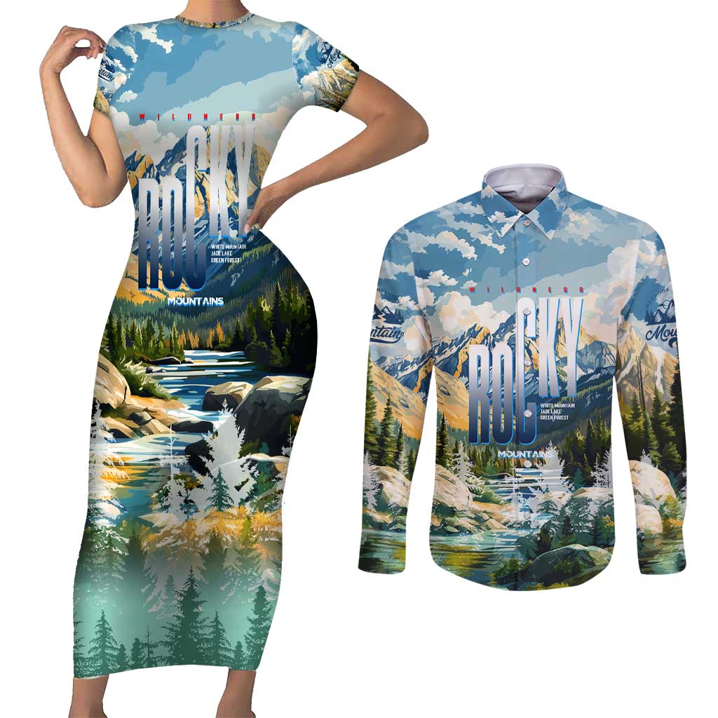 Wilderness of Rocky Mountains Couples Matching Short Sleeve Bodycon Dress and Long Sleeve Button Shirt